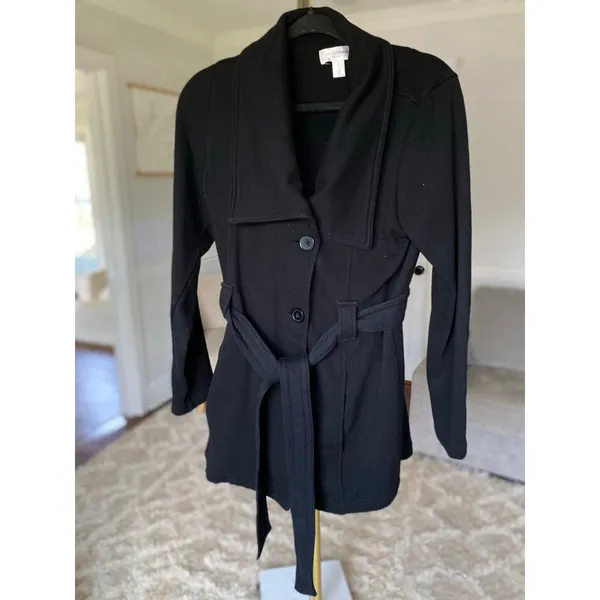 Motherhood‎ Maternity Black Pea Coat Wrap Button Belt Stretchy Buttery Soft Warm - Image 3