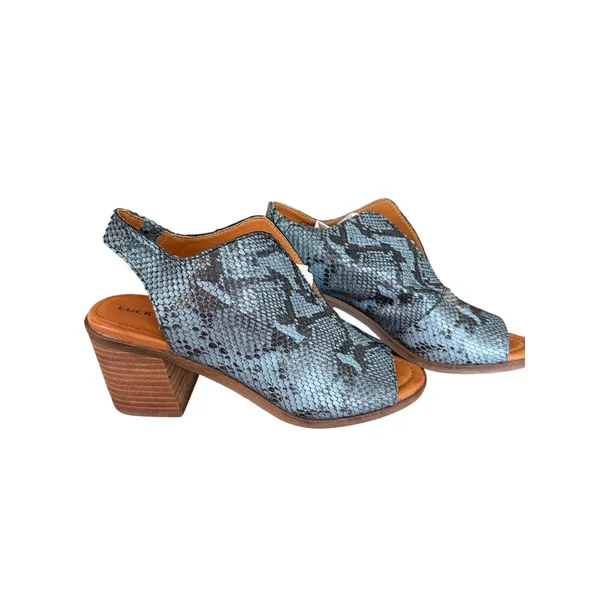 Lucky Brand Blue Gray Snakeskin Print Open Toe Mule Block Heel Booties - Image 2