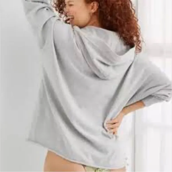 Aerie Oversized Gray Lace Up Raw Hem Sweatshirt Hoodie Size XS - Image 2