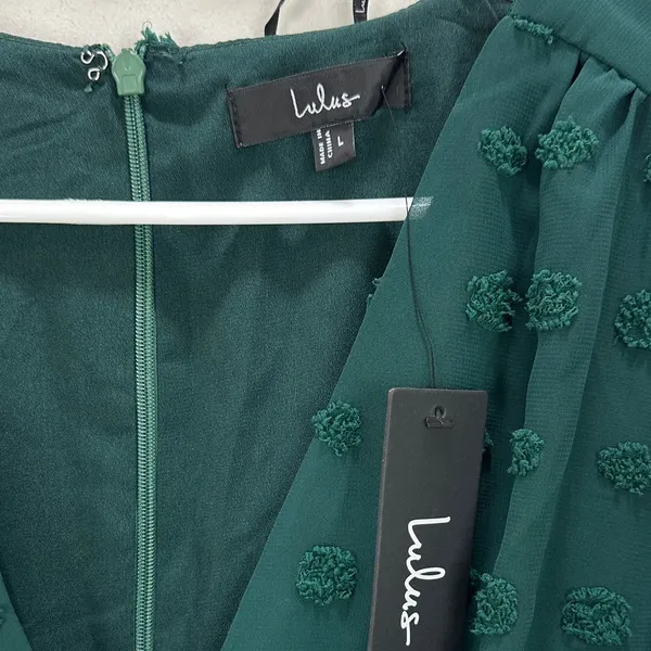 Lulus Always on Repeat Emerald Green Clip Dot Long Sleeve Mini Dress Large NWT - Image 7