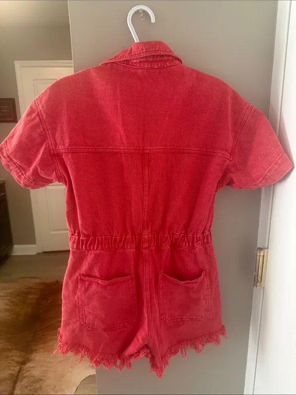 Peach Love California Red Denim Utility Romper Size Medium Western Boho - Image 6