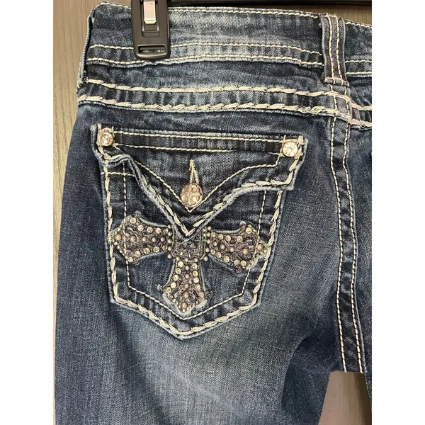 Miss Me Jean Rhinestone Embellished Cross Pocket Low Rise Bootcut 28x31 JP504689 - Image 4