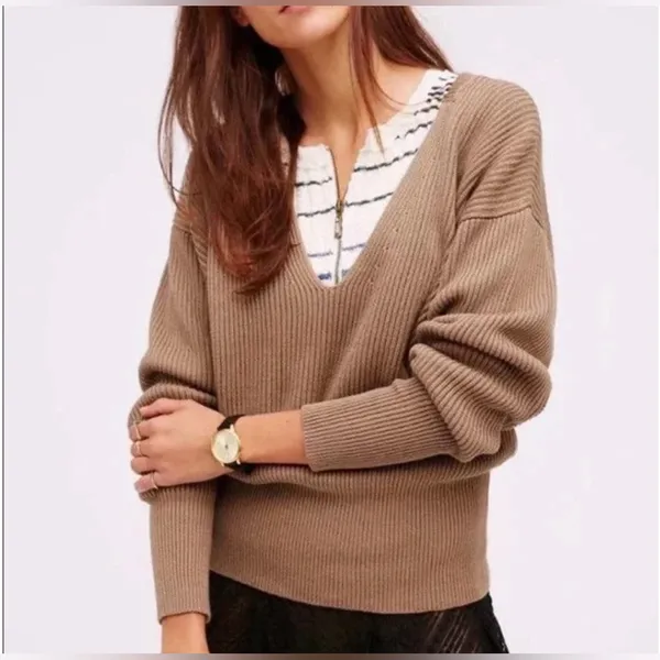 Free People Allure‎ Pull Over Deep V-Neck Ribbed Sweater Taupe Brown Size Small - Image 6