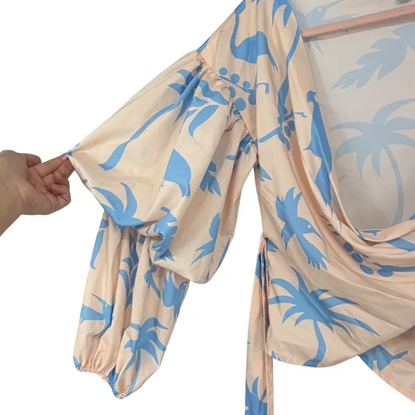Lulus Tropical Bird Palm Print Wrap Top Peach Blue‎ Puff Sleeve Size Small - Image 4