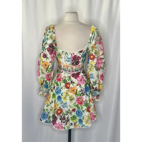 ALICE + OLIVIA Crawford Sweetheart Mini Dress Floral Puff Sleeves Lace Up Size 0 - Image 10