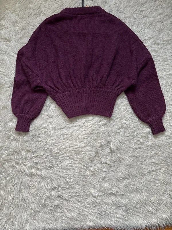 FARM Rio Burgundy Rib-Knit Button Front V-Neck Balloon Sleeve Women’s Cardigan M - Image 3