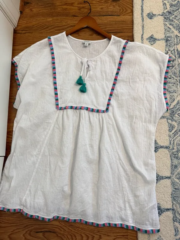 J.Crew Factory White Tassel Beach Tunic with Pink, Green and Blue Trim 2X - Image 9