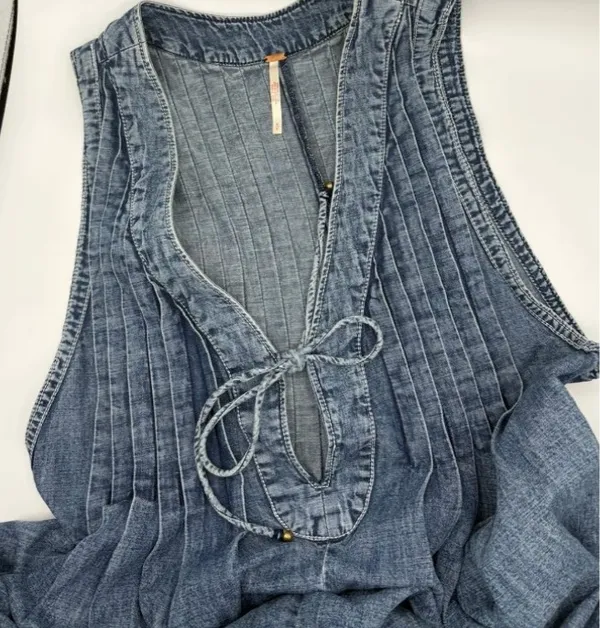Free People Denim Webster Romper Blue Women's Small Sleeveless Pintuck - Image 9
