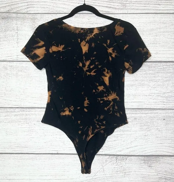Hand Dyed Black Bleach Tie Dye Scoop Neck Short Sleeve Bodysuit Top Size Large - Image 3