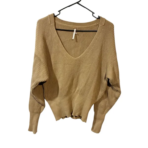 Free People Taupe Knit Allure Pull Over‎ Sweater Size XS Deep V Neck - Image 3