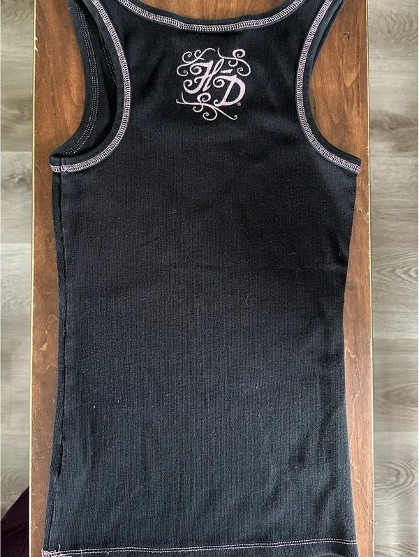 Harley Davidson Womens Small Black Ribbed Tank Top Pink Graphic Rhinestones Y2K - Image 8