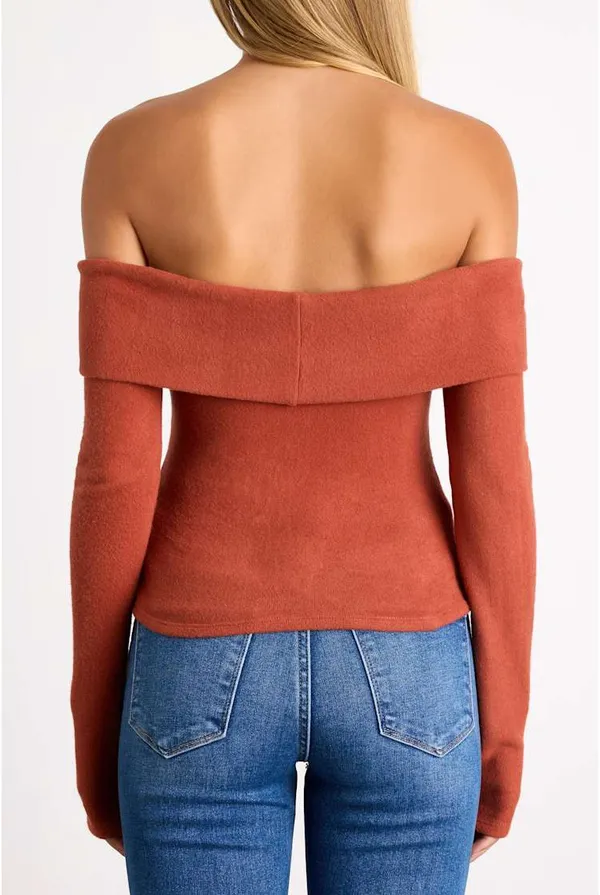 Lulus Sabriel Rust Orange Off-the-Shoulder Long Sleeve Top - Womens Size L - Image 3