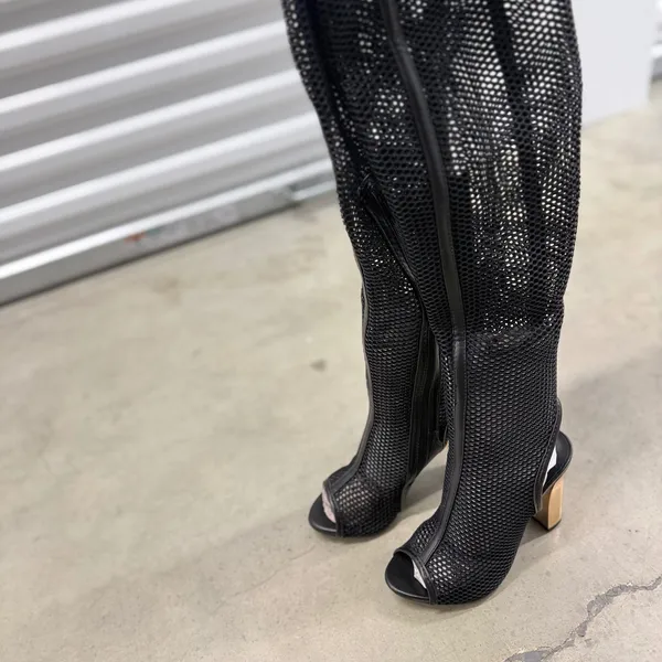 Bamboo Black Mesh Over The Knee Boots Open Toe Gold Block Heel Womens 7 - Image 2