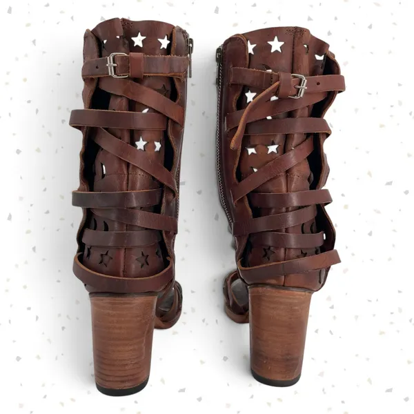 Freebird by Steven Makala Cognac Stars Moons Tall Leather Heeled Sandal Size 10 - Image 10