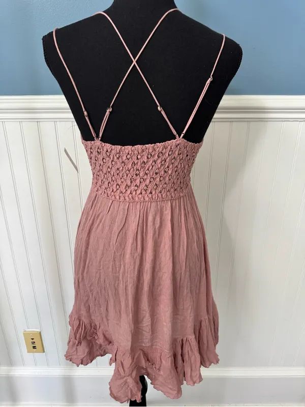 NWT Free People Adella Slip Lace short Dress Plunging Neckline Pink Rose ~ Small - Image 10