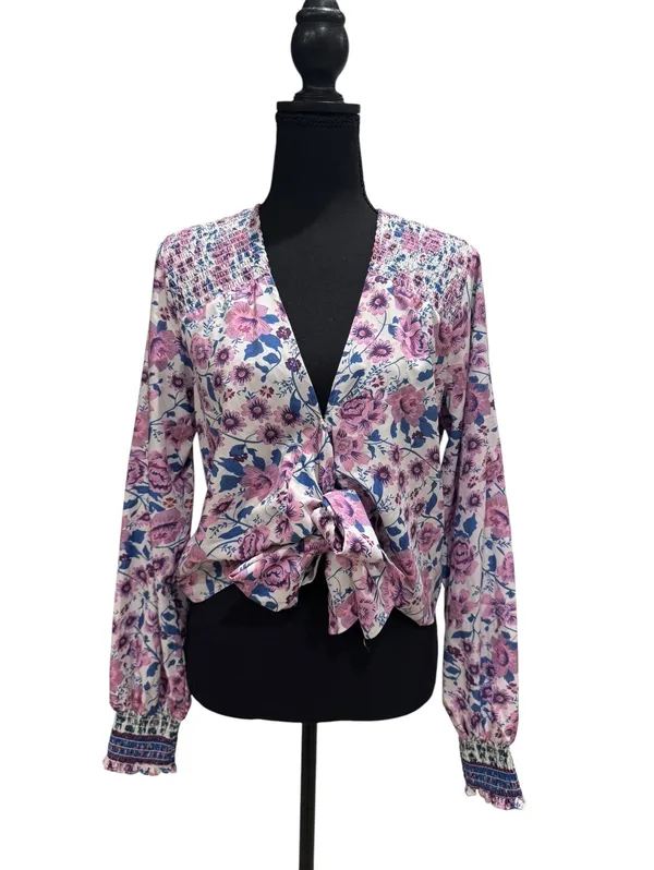 Lulus Floral Long Sleeve Tie Front Top Size M - Image 3