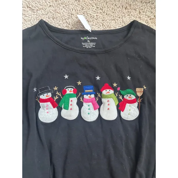 Christmas Snowman Holiday Vintage Embroidered Long Sleeve Shirt Black XL - Image 2
