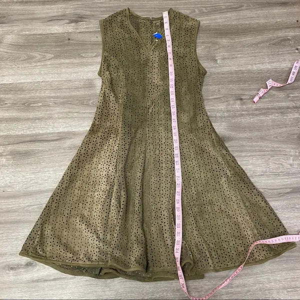 Olive Green Laser Cut Faux Suede Fit & Flare Dress Small - Image 7