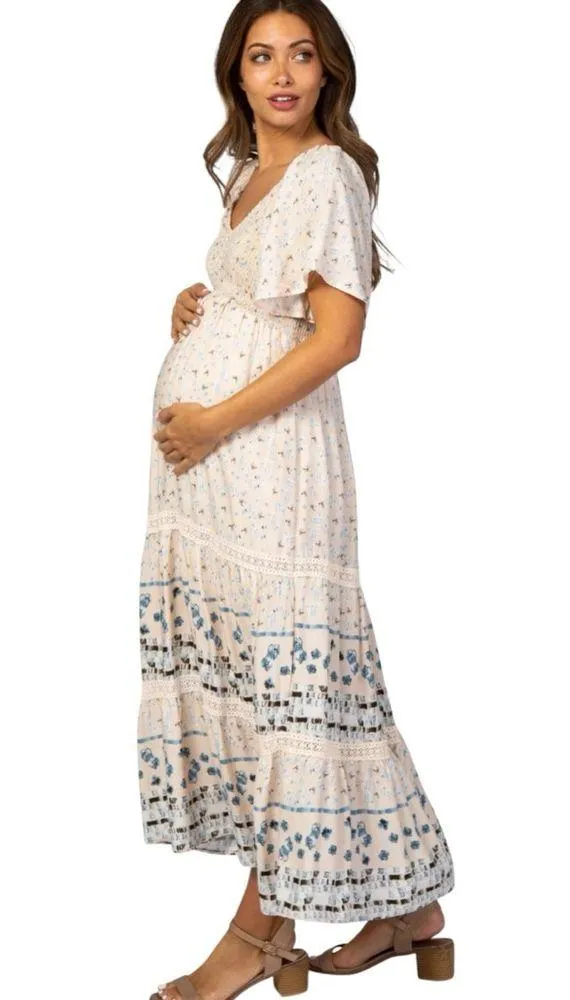 Pinkblush Boho Floral Smocked Maternity Midi Dress Small Light Pink Short Sleeve - Image 10