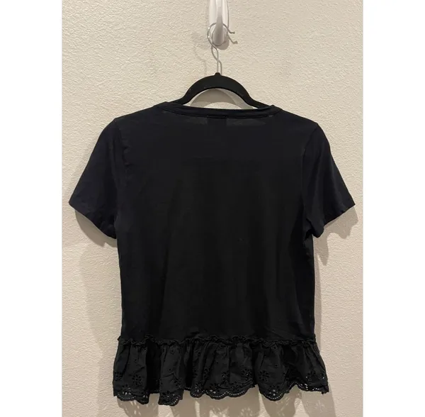 Short Sleeve Eyelet Hem Black Blouse - Image 3
