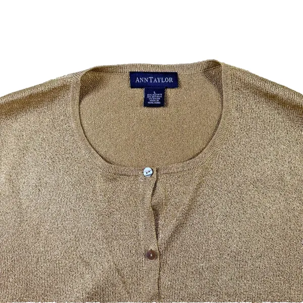 Ann Taylor Gold Shimmer Knit Crewneck Cardigan Sweater Women's Large EUC - Image 5