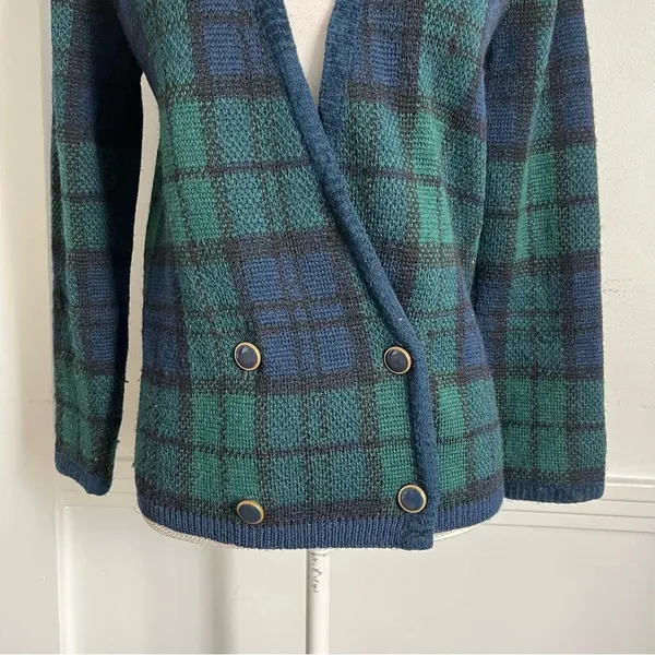 Pendleton • Navy Green Plaid Wool Blazer Sweater Cardigan Vintage - Image 3