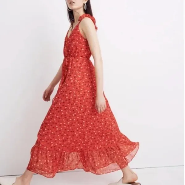 NWT Madewell Ruffle Strap Wrap Prairie Dress Red - Image 4