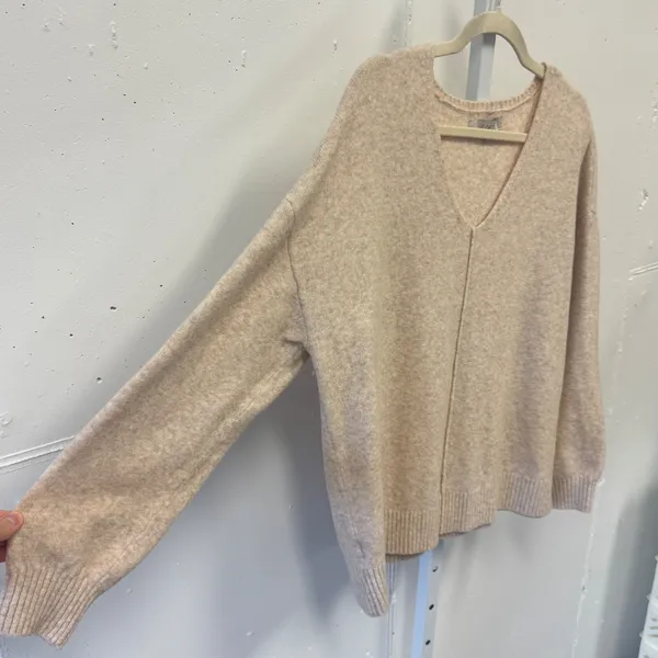 LOFT Womens V-Neck Seamed Drop Shoulder Sweater Beige Marl Size Med Neutral Fall - Image 3