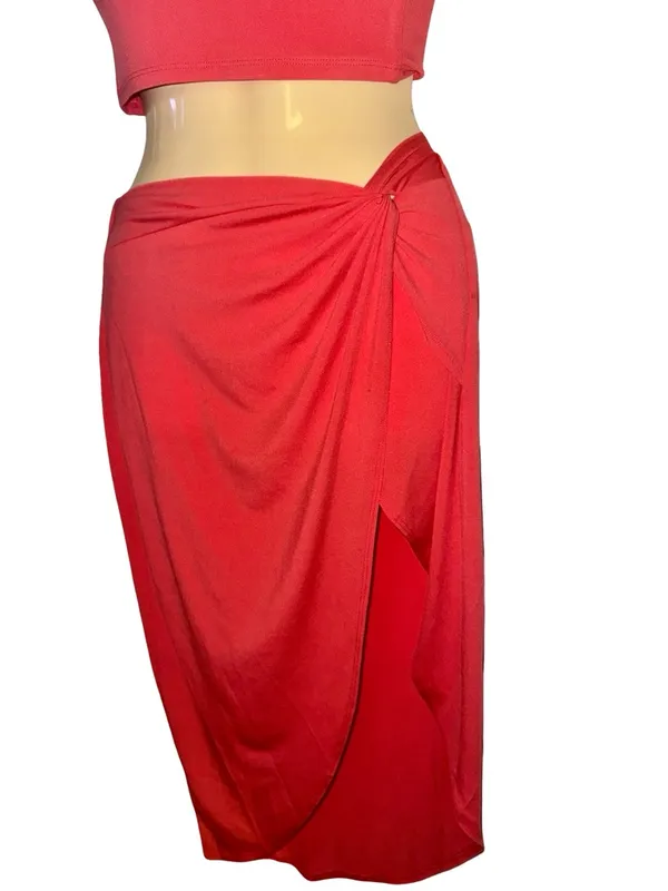 SheIn Women’s Coral One-Shoulder Midi Skirt Set - Image 2