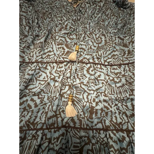 Omika Tiered Block Print Sundress Blue Brown Size Small Anthropologie - Image 4