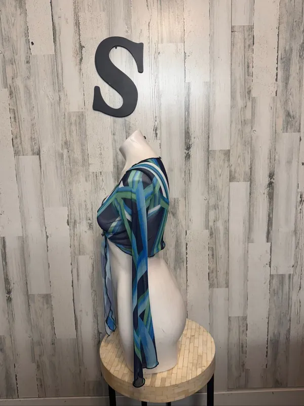 SheIn Abstract Print Mesh O-Ring Tie Front Crop Top Womens Small Blue Green Long Sleev - Image 2