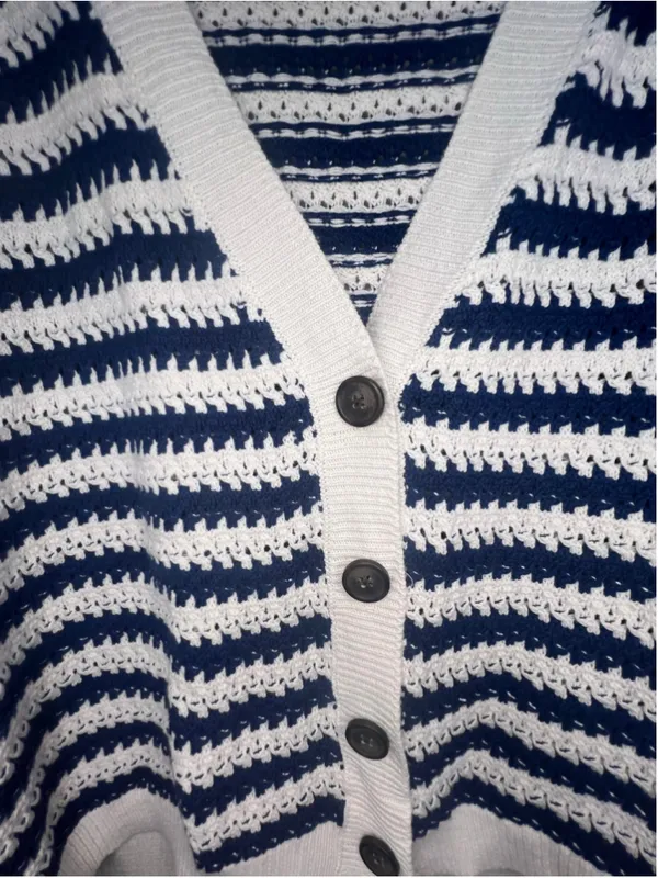 Universal Threads Navy And Cream Striped Button Up Short Sleeve Knit Cardigan - Image 3