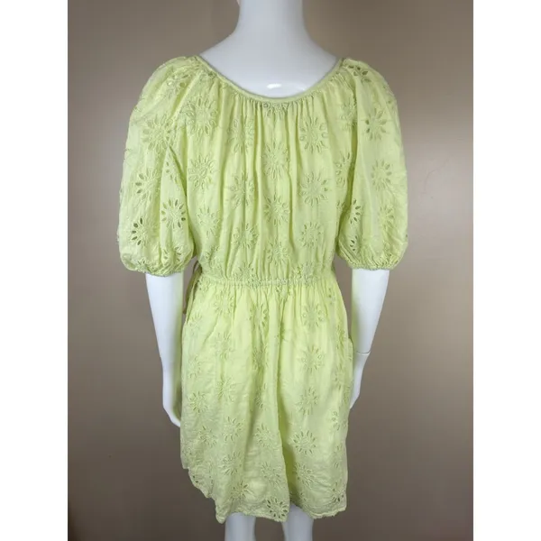 Zara Women’s XS Lime Green Eyelet Mini Wrap Dress Puff Sleeve Lined Cotton - Image 7