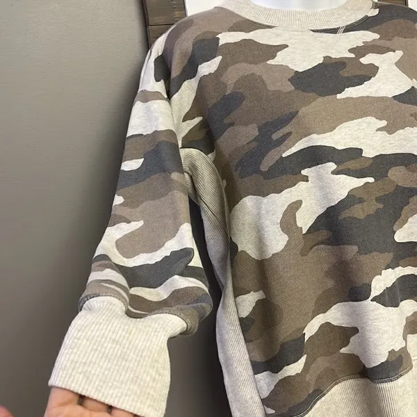 Aerie Tan Camo Crew Neck Mixed Textured Sweatshirt w/ Large Slide Slits- XS - Image 8