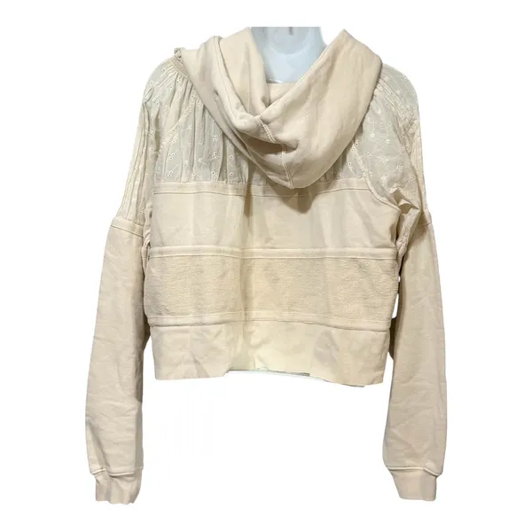 Free People Cream Mixed Media Eyelet Lace Cropped Hoodie‎ Sweatshirt Small - Image 2