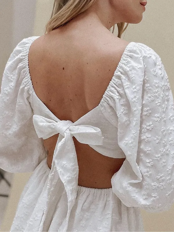 Moodie White Textured Floral Mini Dress w/ Puff Sleeves Cutout Bridal Summer S - Image 6