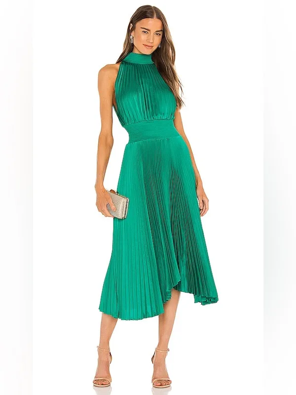 ALC Frank Renzo maxi dress Sleeveless Smocked Pleated teal satin high neck wedding - Image 7