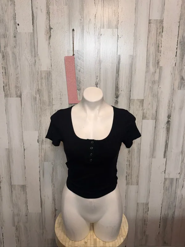 Bozzolo Ribbed Henley Crop Top Womens L Black Scoop Neck Short Sleeve Baby Tee - Image 4