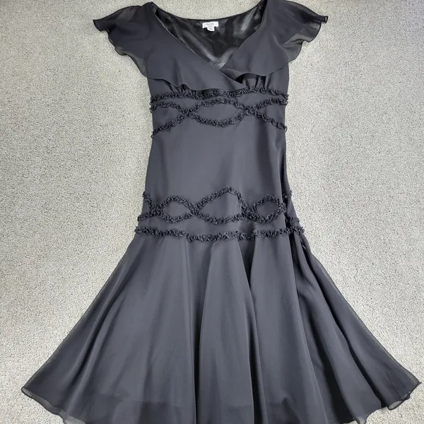 VTG Liz & Co Cocktail Dress Womens 8 Black Ruffled Detail V-Neck Flutter Sleeve - Image 3
