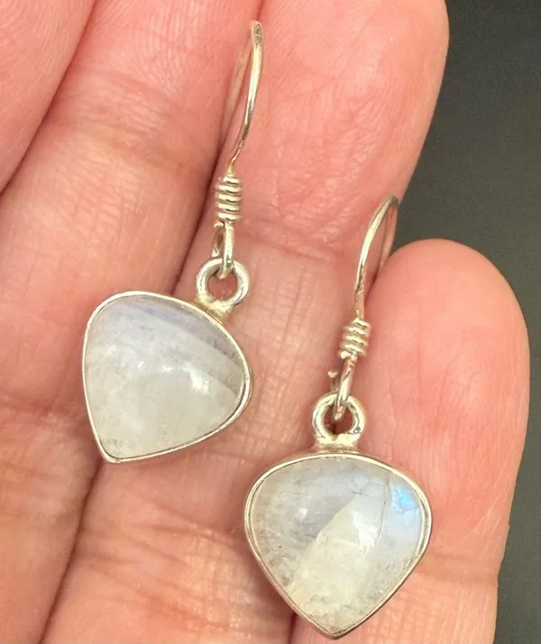 Vintage 925 Sterling Silver Small Heart Moonstone Drop Earrings 3.6g - Image 7