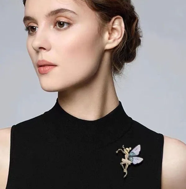 Cute New B.J. Golden Crystal Fairy Angel With Sparkly Acrylic Wings Pin Brooch - Image 2