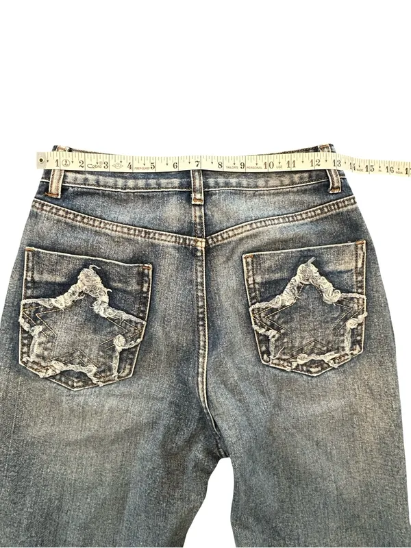 ROMWE Star Patch Flare Jeans Size 2 grunge med wash Distressed Frayed Y2K edgy - Image 5