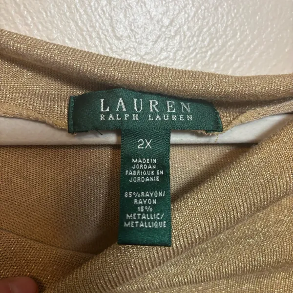 Lauren Ralph Lauren Womens Shirt Top Rayon Metallic Knit Boatneck Gold Size‎ 2X - Image 2