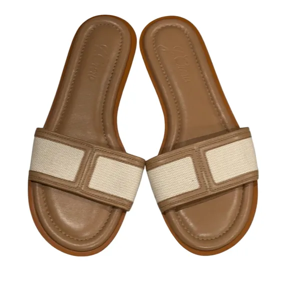 J Crew Slide Sandals Womens 7 Tan Ivory Canvas and Leather Classic Minimalist - Image 3