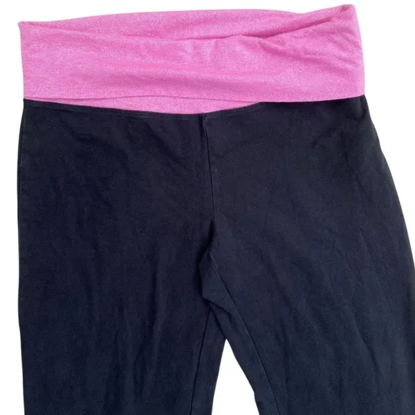 Y2K VS PINK M Foldover Black Flare Leggings Pink Silver Logo Low Rise Vtg - Image 15