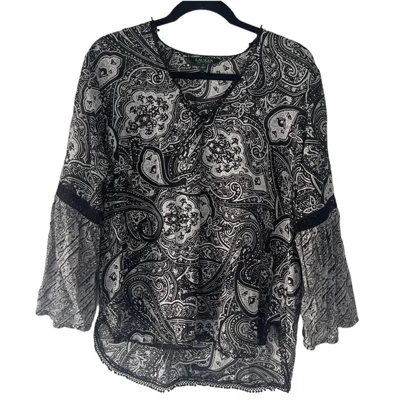 Lauren Ralph Lauren Size XL Black White Paisley Silk‎ Blend Blouse - Image 3