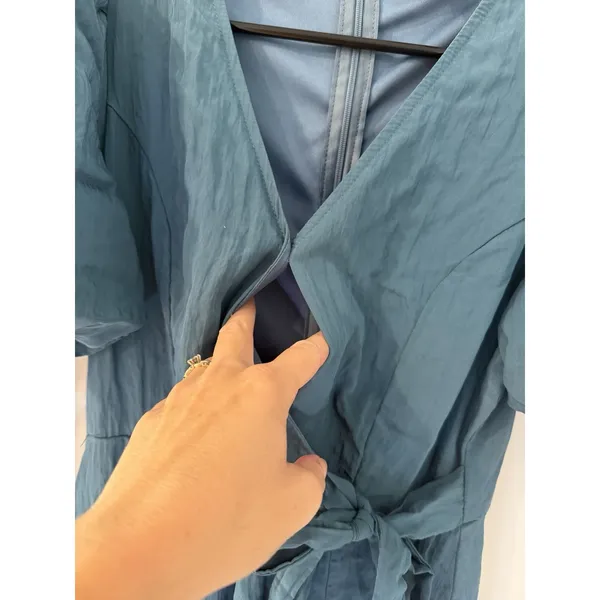 böhme Blue Solid V-Neck Wrap Midi Dress Puff Sleeve Tie Waist Lined Size XS - Image 4