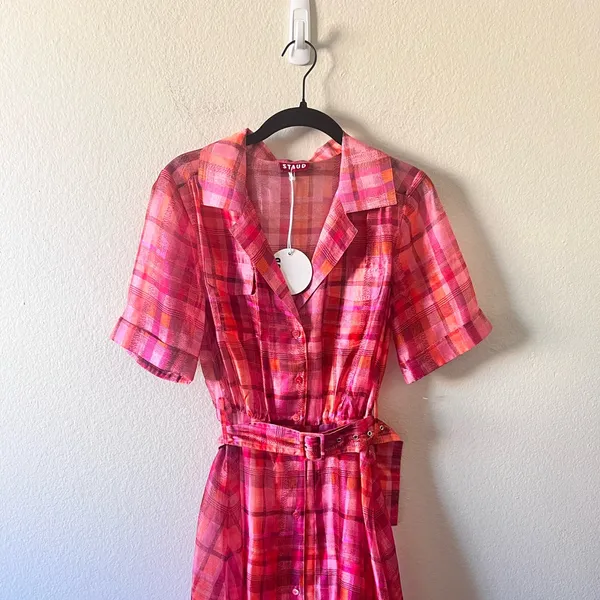 NWT STAUD Millie Dress Pink Plaid Sheer Maxi Bohemian Lagenlook Beachy Size 4 - Image 2