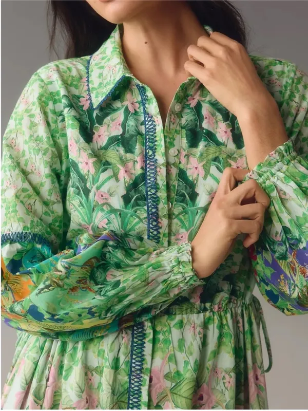By Anthropologie Long-Sleeve Printed Maxi Shirt Dress in Green - Image 3