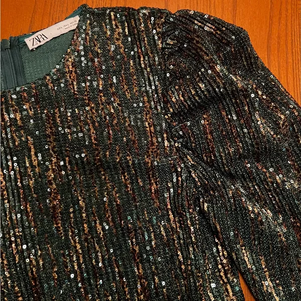 ZARA Sequin Puff Long Sleeve Special Limited Edition Emerald Green &‎ Gold Dress - Image 15